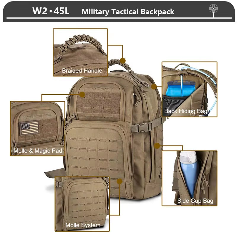 Tactical Backpack 3 Day Assault Pack Molle Bag 38/45L Large Outdoor Waterproof Hiking Camping Travel 600D Rucksack Men Fishing