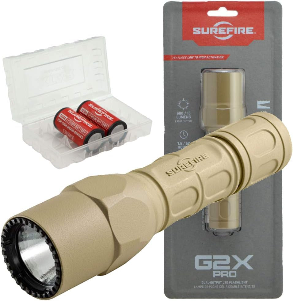 G2X Pro 600 Lumen Tactical EDC Flashlight Bundle with 2 Extra CR123A Batteries and Lightjunction Battery Case (Tan)